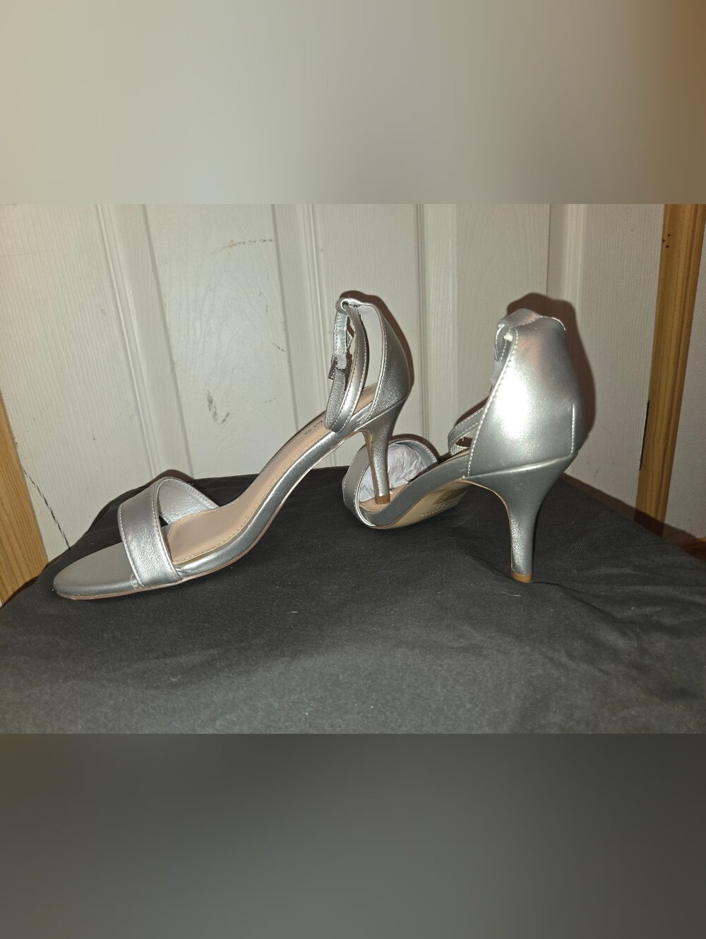 Women's Silver Ankle-Strap Mid Heel Sandals